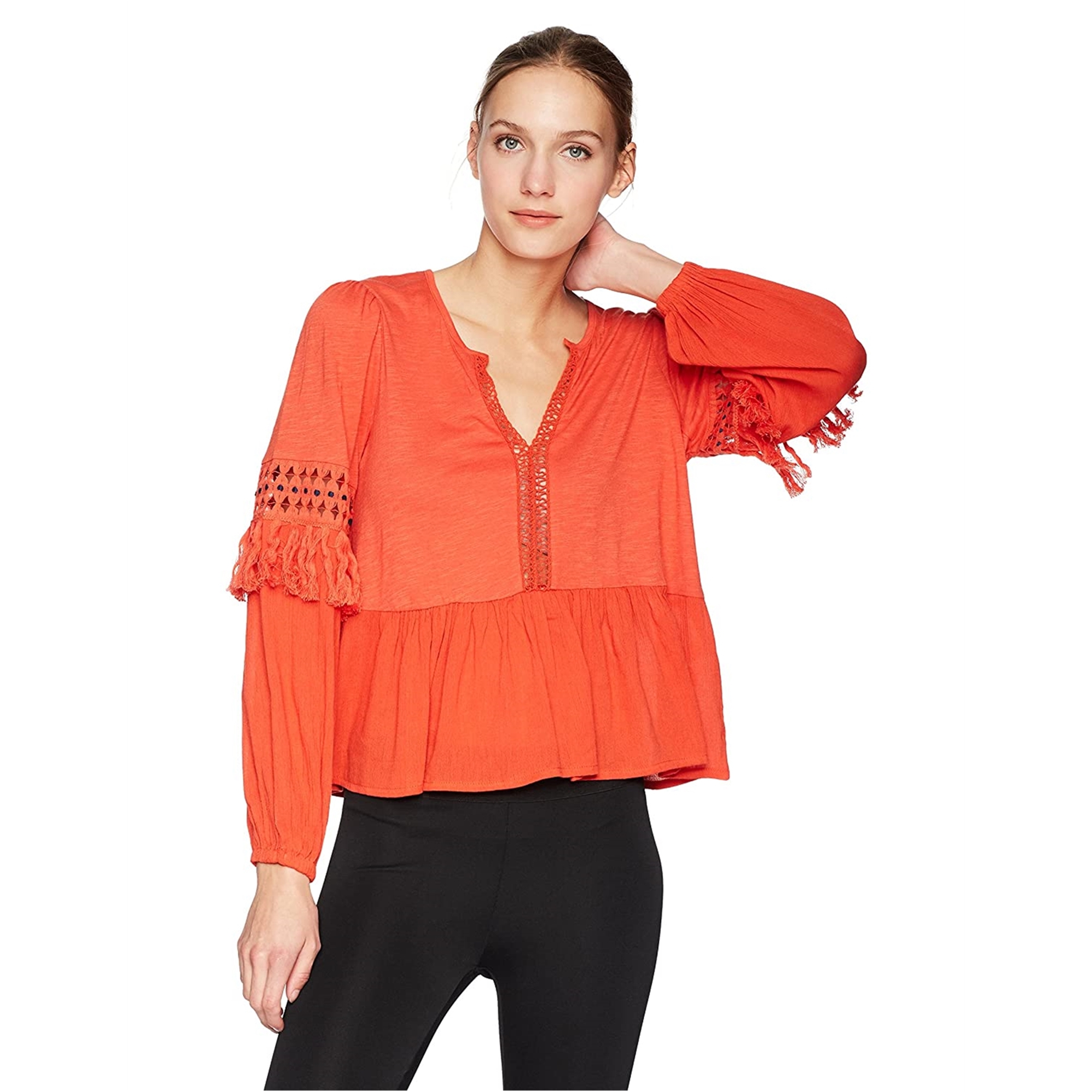 Lucky Brand Womens Cutout Illusion Peasant Blouse, Orange, X-Small
